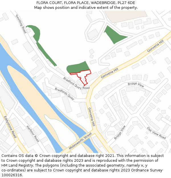 FLORA COURT, FLORA PLACE, WADEBRIDGE, PL27 6DE: Location map and indicative extent of plot