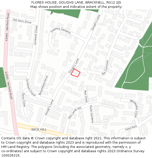 FLORES HOUSE, GOUGHS LANE, BRACKNELL, RG12 2JS: Location map and indicative extent of plot