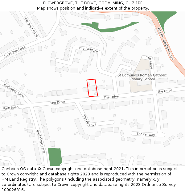 FLOWERGROVE, THE DRIVE, GODALMING, GU7 1PF: Location map and indicative extent of plot