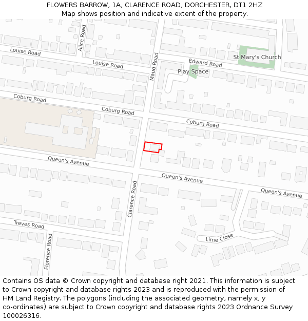 FLOWERS BARROW, 1A, CLARENCE ROAD, DORCHESTER, DT1 2HZ: Location map and indicative extent of plot