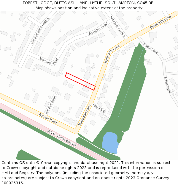 FOREST LODGE, BUTTS ASH LANE, HYTHE, SOUTHAMPTON, SO45 3RL: Location map and indicative extent of plot