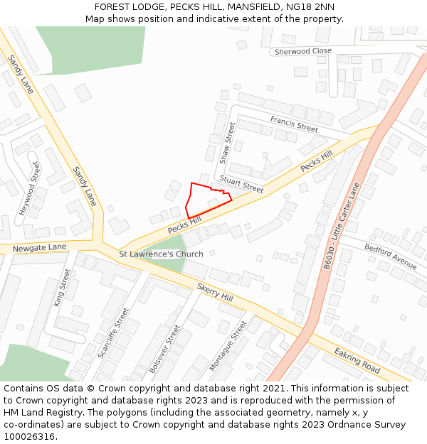 FOREST LODGE, PECKS HILL, MANSFIELD, NG18 2NN: Location map and indicative extent of plot