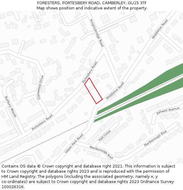 FORESTERS, PORTESBERY ROAD, CAMBERLEY, GU15 3TF: Location map and indicative extent of plot