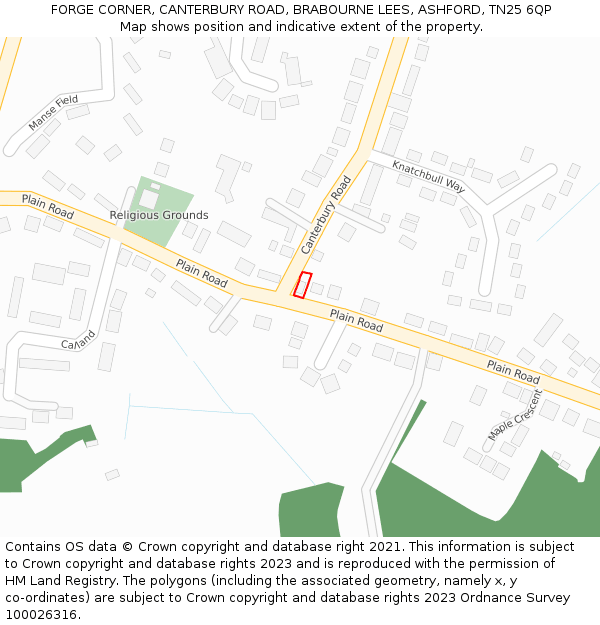 FORGE CORNER, CANTERBURY ROAD, BRABOURNE LEES, ASHFORD, TN25 6QP: Location map and indicative extent of plot