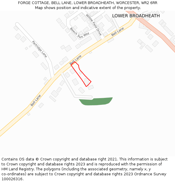FORGE COTTAGE, BELL LANE, LOWER BROADHEATH, WORCESTER, WR2 6RR: Location map and indicative extent of plot