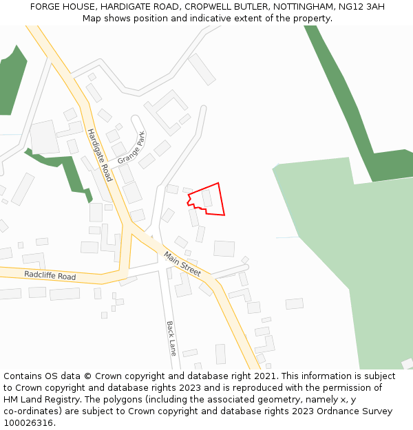 FORGE HOUSE, HARDIGATE ROAD, CROPWELL BUTLER, NOTTINGHAM, NG12 3AH: Location map and indicative extent of plot