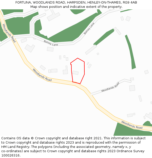 FORTUNA, WOODLANDS ROAD, HARPSDEN, HENLEY-ON-THAMES, RG9 4AB: Location map and indicative extent of plot