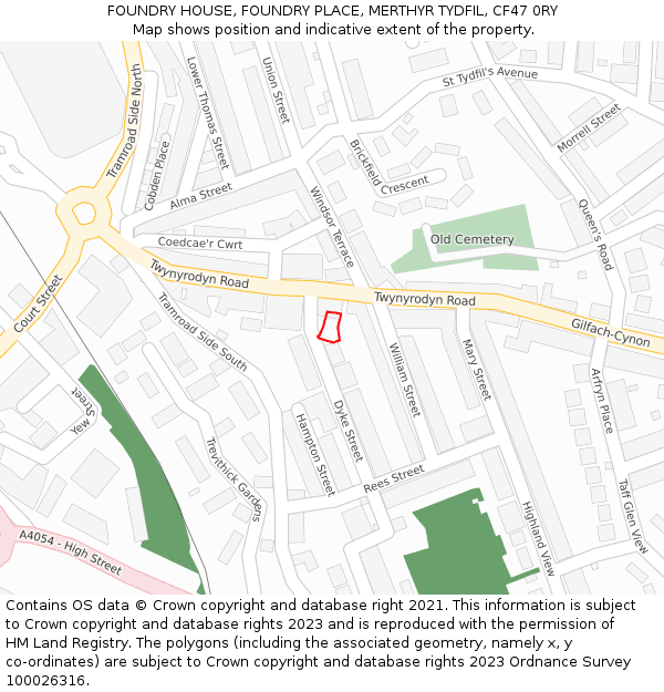 FOUNDRY HOUSE, FOUNDRY PLACE, MERTHYR TYDFIL, CF47 0RY: Location map and indicative extent of plot