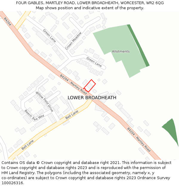 FOUR GABLES, MARTLEY ROAD, LOWER BROADHEATH, WORCESTER, WR2 6QG: Location map and indicative extent of plot