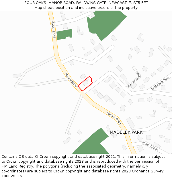 FOUR OAKS, MANOR ROAD, BALDWINS GATE, NEWCASTLE, ST5 5ET: Location map and indicative extent of plot