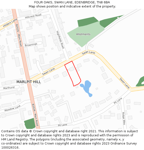 FOUR OAKS, SWAN LANE, EDENBRIDGE, TN8 6BA: Location map and indicative extent of plot