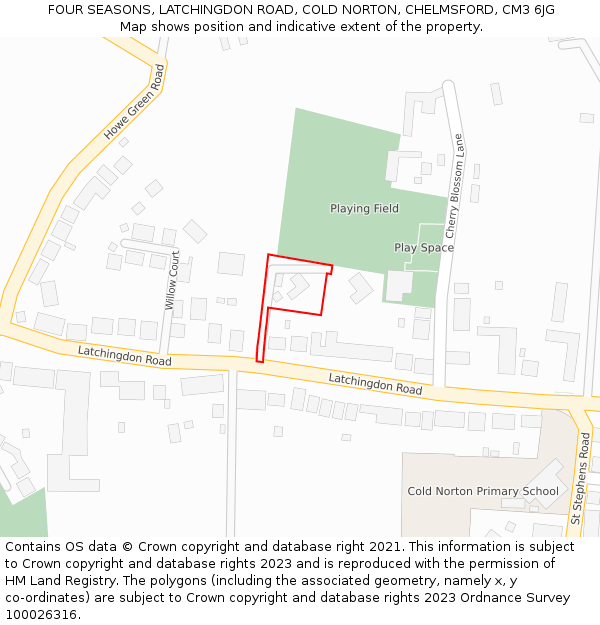 FOUR SEASONS, LATCHINGDON ROAD, COLD NORTON, CHELMSFORD, CM3 6JG: Location map and indicative extent of plot