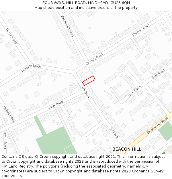 FOUR WAYS, HILL ROAD, HINDHEAD, GU26 6QN: Location map and indicative extent of plot