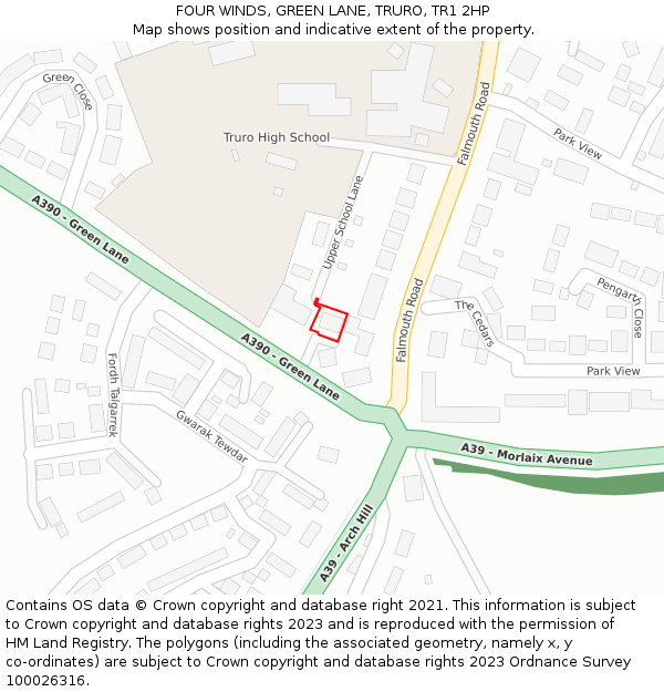FOUR WINDS, GREEN LANE, TRURO, TR1 2HP: Location map and indicative extent of plot