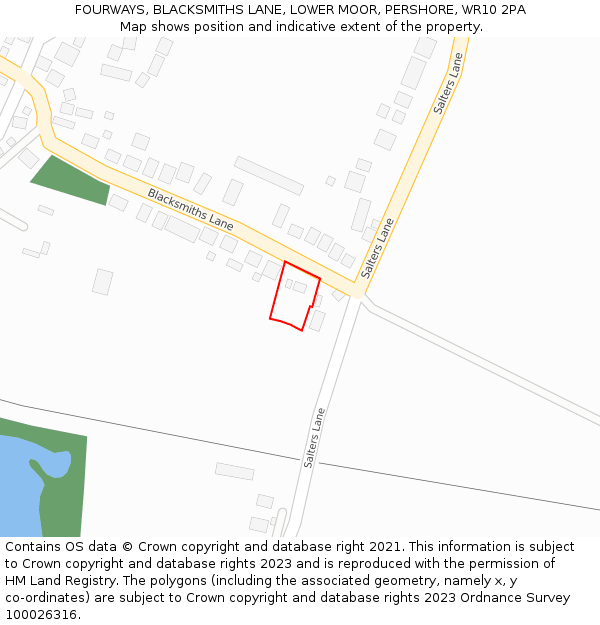 FOURWAYS, BLACKSMITHS LANE, LOWER MOOR, PERSHORE, WR10 2PA: Location map and indicative extent of plot