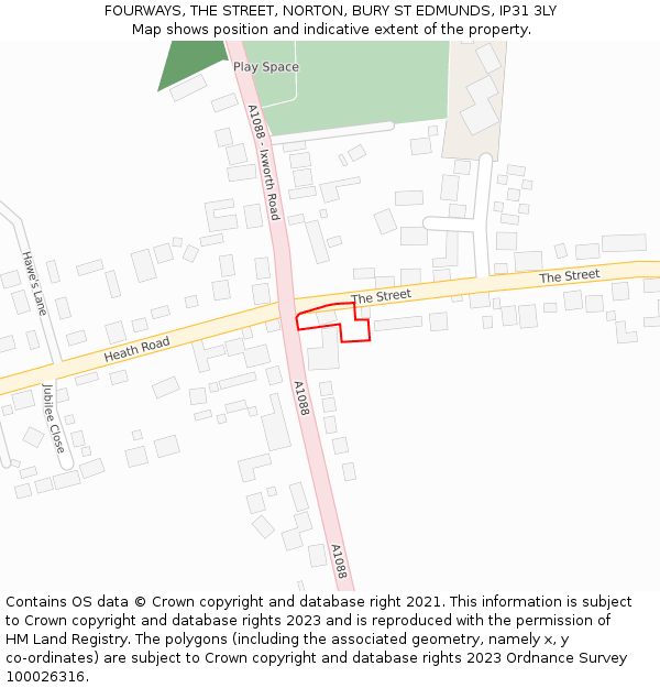 FOURWAYS, THE STREET, NORTON, BURY ST EDMUNDS, IP31 3LY: Location map and indicative extent of plot