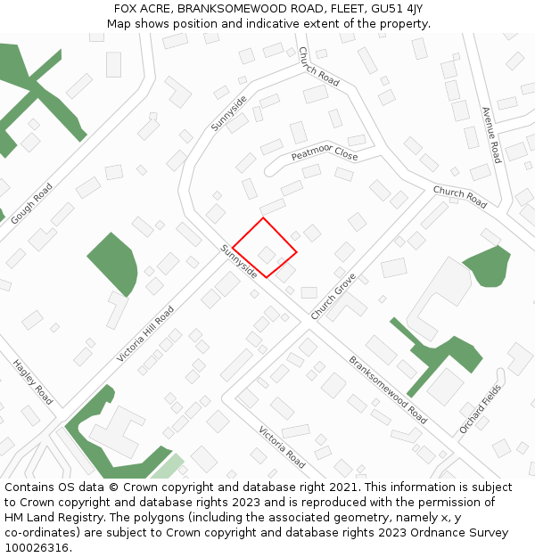 FOX ACRE, BRANKSOMEWOOD ROAD, FLEET, GU51 4JY: Location map and indicative extent of plot