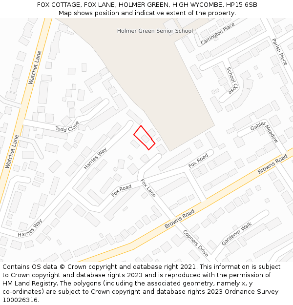 FOX COTTAGE, FOX LANE, HOLMER GREEN, HIGH WYCOMBE, HP15 6SB: Location map and indicative extent of plot