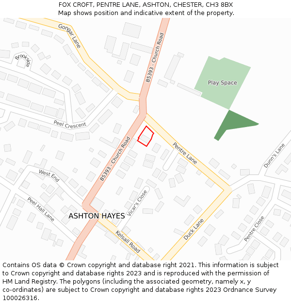 FOX CROFT, PENTRE LANE, ASHTON, CHESTER, CH3 8BX: Location map and indicative extent of plot