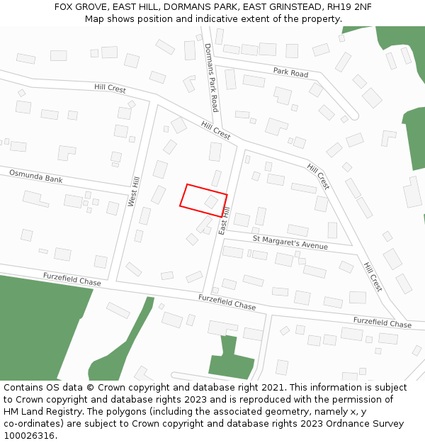 FOX GROVE, EAST HILL, DORMANS PARK, EAST GRINSTEAD, RH19 2NF: Location map and indicative extent of plot