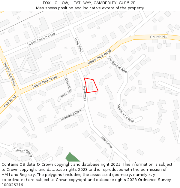 FOX HOLLOW, HEATHWAY, CAMBERLEY, GU15 2EL: Location map and indicative extent of plot