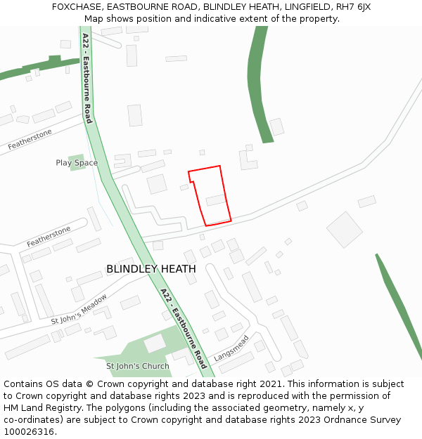 FOXCHASE, EASTBOURNE ROAD, BLINDLEY HEATH, LINGFIELD, RH7 6JX: Location map and indicative extent of plot