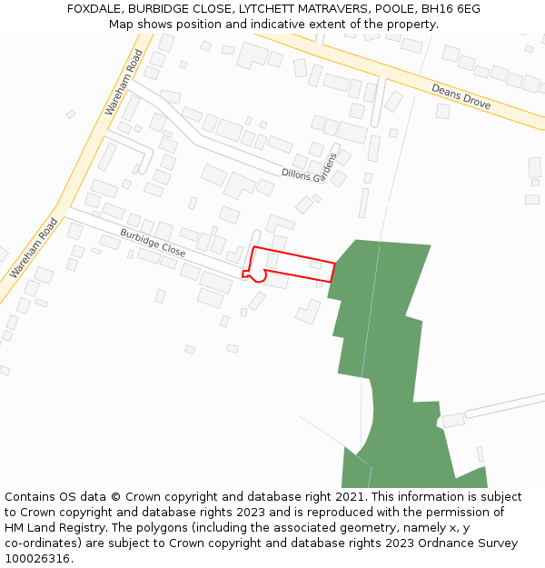 FOXDALE, BURBIDGE CLOSE, LYTCHETT MATRAVERS, POOLE, BH16 6EG: Location map and indicative extent of plot