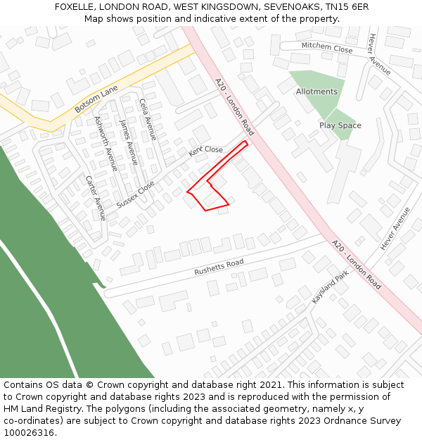 FOXELLE, LONDON ROAD, WEST KINGSDOWN, SEVENOAKS, TN15 6ER: Location map and indicative extent of plot