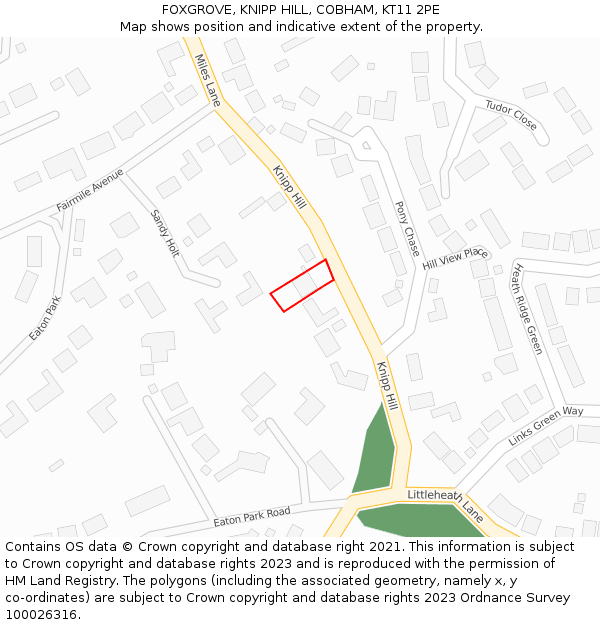 FOXGROVE, KNIPP HILL, COBHAM, KT11 2PE: Location map and indicative extent of plot