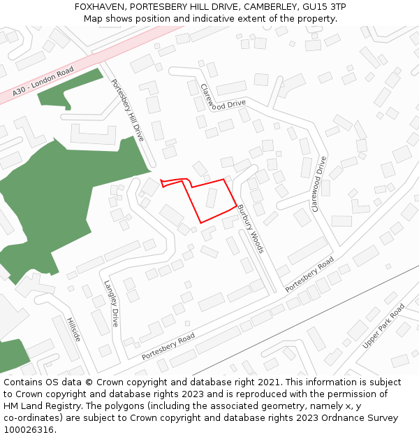 FOXHAVEN, PORTESBERY HILL DRIVE, CAMBERLEY, GU15 3TP: Location map and indicative extent of plot