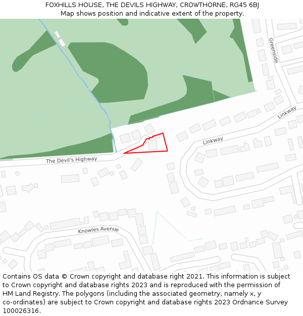 FOXHILLS HOUSE, THE DEVILS HIGHWAY, CROWTHORNE, RG45 6BJ: Location map and indicative extent of plot