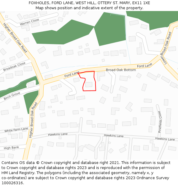 FOXHOLES, FORD LANE, WEST HILL, OTTERY ST. MARY, EX11 1XE: Location map and indicative extent of plot
