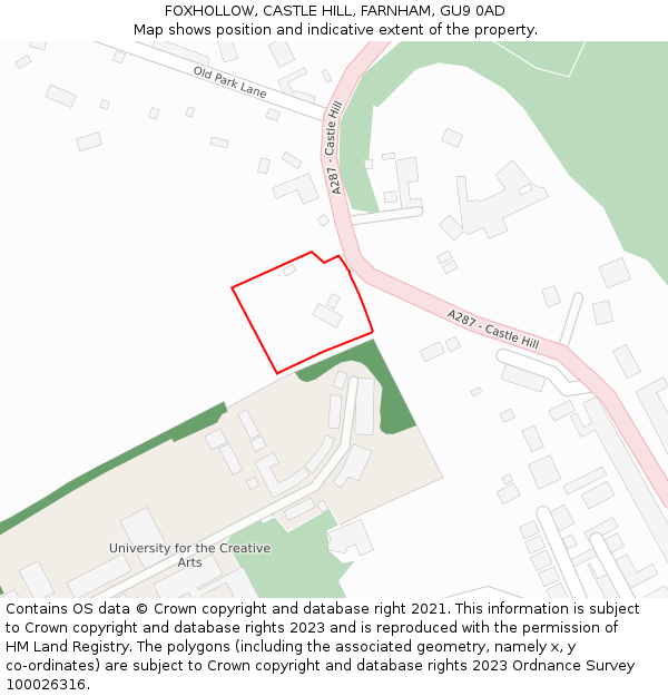 FOXHOLLOW, CASTLE HILL, FARNHAM, GU9 0AD: Location map and indicative extent of plot