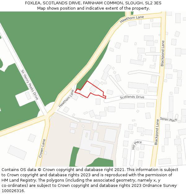 FOXLEA, SCOTLANDS DRIVE, FARNHAM COMMON, SLOUGH, SL2 3ES: Location map and indicative extent of plot