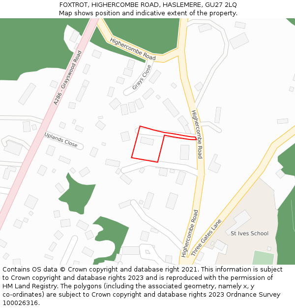 FOXTROT, HIGHERCOMBE ROAD, HASLEMERE, GU27 2LQ: Location map and indicative extent of plot