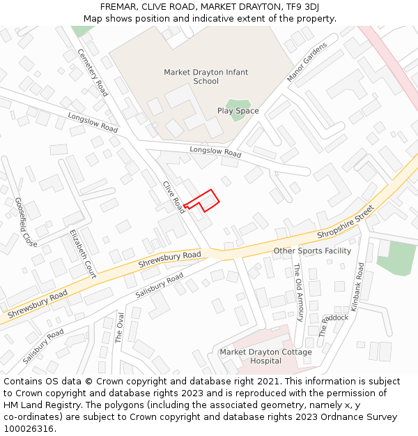 FREMAR, CLIVE ROAD, MARKET DRAYTON, TF9 3DJ: Location map and indicative extent of plot