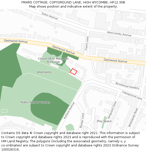 FRIARS COTTAGE, COPYGROUND LANE, HIGH WYCOMBE, HP12 3XB: Location map and indicative extent of plot