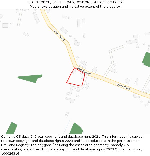FRIARS LODGE, TYLERS ROAD, ROYDON, HARLOW, CM19 5LG: Location map and indicative extent of plot