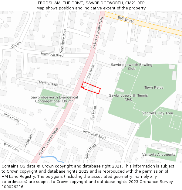 FRODSHAM, THE DRIVE, SAWBRIDGEWORTH, CM21 9EP: Location map and indicative extent of plot