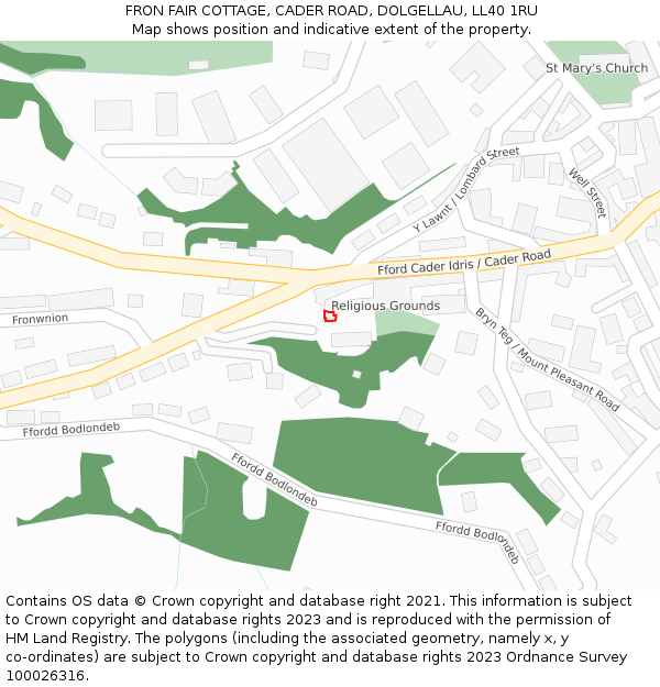 FRON FAIR COTTAGE, CADER ROAD, DOLGELLAU, LL40 1RU: Location map and indicative extent of plot