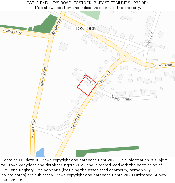 GABLE END, LEYS ROAD, TOSTOCK, BURY ST EDMUNDS, IP30 9PN: Location map and indicative extent of plot