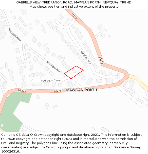 GABRIELS VIEW, TREDRAGON ROAD, MAWGAN PORTH, NEWQUAY, TR8 4DJ: Location map and indicative extent of plot