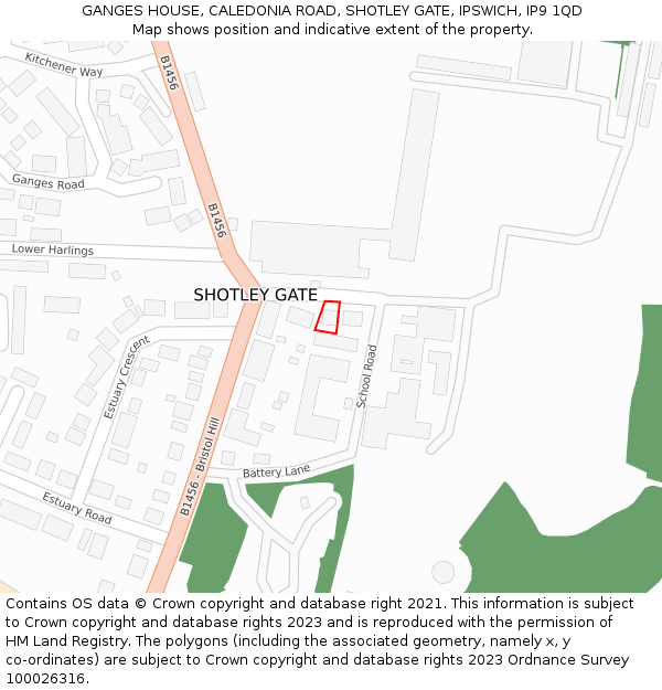 GANGES HOUSE, CALEDONIA ROAD, SHOTLEY GATE, IPSWICH, IP9 1QD: Location map and indicative extent of plot