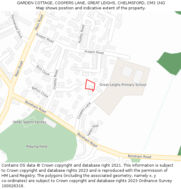 GARDEN COTTAGE, COOPERS LANE, GREAT LEIGHS, CHELMSFORD, CM3 1NG: Location map and indicative extent of plot