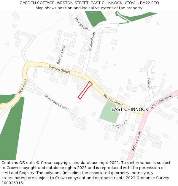 GARDEN COTTAGE, WESTON STREET, EAST CHINNOCK, YEOVIL, BA22 9EQ: Location map and indicative extent of plot