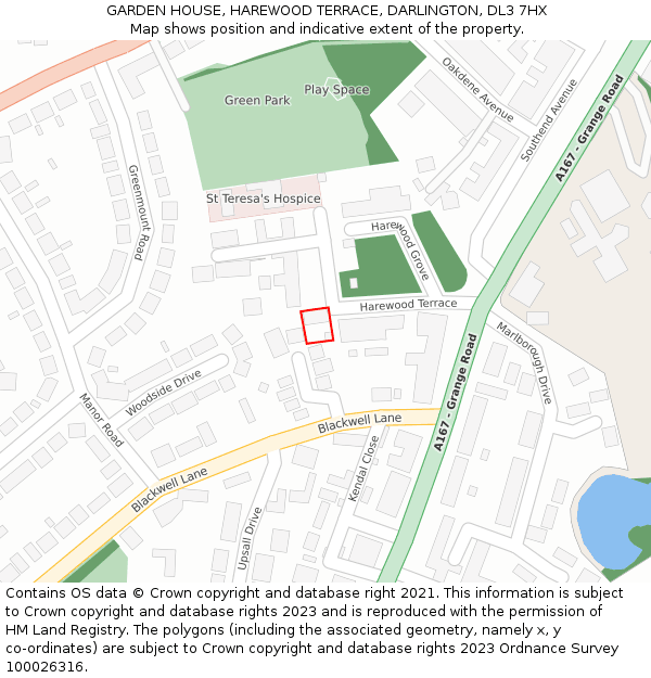 GARDEN HOUSE, HAREWOOD TERRACE, DARLINGTON, DL3 7HX: Location map and indicative extent of plot