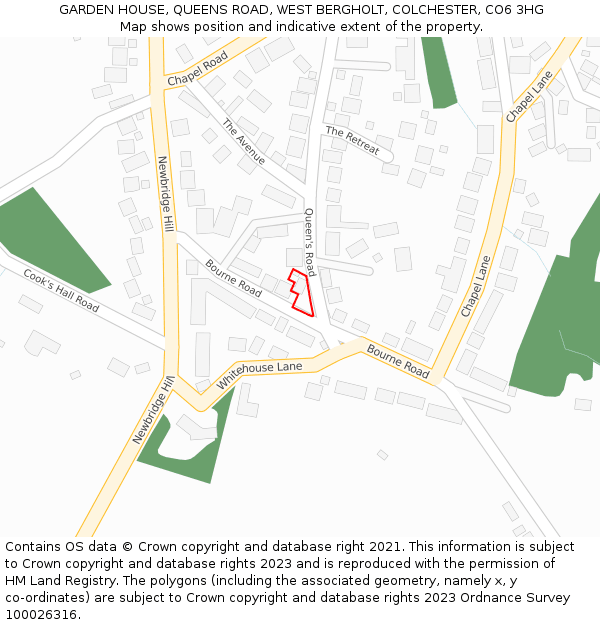 GARDEN HOUSE, QUEENS ROAD, WEST BERGHOLT, COLCHESTER, CO6 3HG: Location map and indicative extent of plot