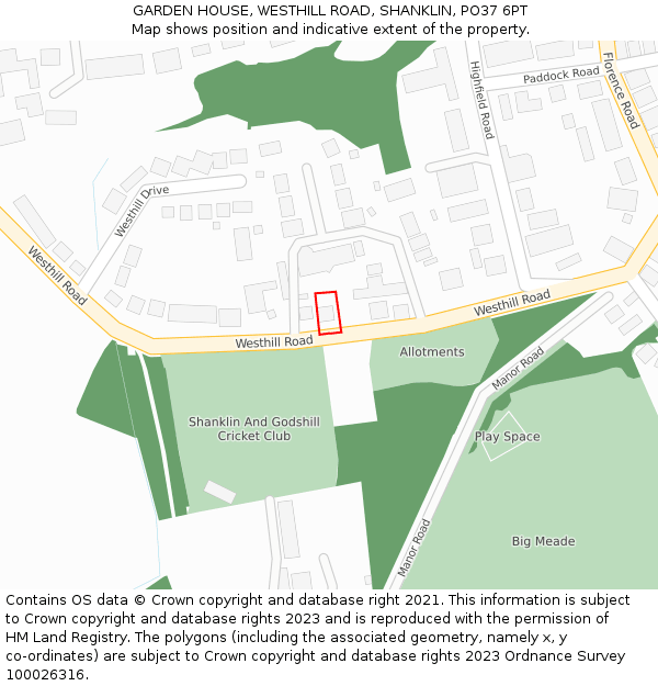 GARDEN HOUSE, WESTHILL ROAD, SHANKLIN, PO37 6PT: Location map and indicative extent of plot