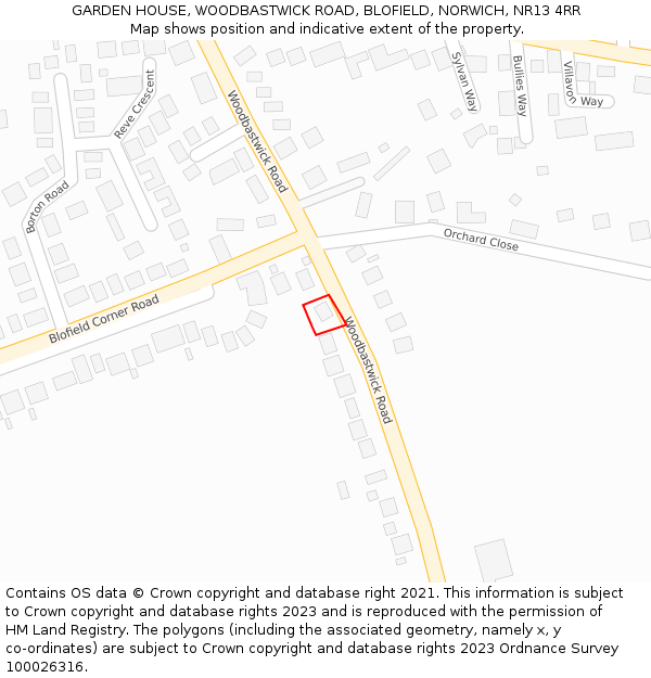 GARDEN HOUSE, WOODBASTWICK ROAD, BLOFIELD, NORWICH, NR13 4RR: Location map and indicative extent of plot