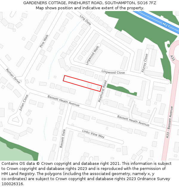 GARDENERS COTTAGE, PINEHURST ROAD, SOUTHAMPTON, SO16 7FZ: Location map and indicative extent of plot